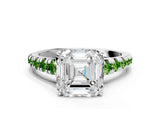 White gold Asscher Cut Diamond Cathedral Solitaire Ring with Round with Peridot side stone Pavé Band