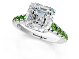 White gold Asscher Cut Diamond Cathedral Solitaire Ring with Round with Peridot side stone Pavé Band_1
