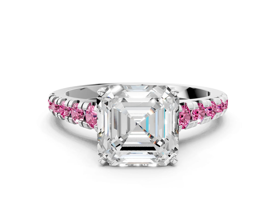 White gold Asscher Cut Diamond Cathedral Solitaire Ring with Round with Pink Sapphire side stone Pavé Band_12