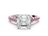 White gold Asscher Cut Diamond Cathedral Solitaire Ring with Round with Pink Sapphire side stone Pavé Band_12