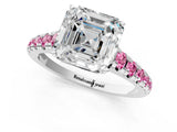 White gold Asscher Cut Diamond Cathedral Solitaire Ring with Round with Pink Sapphire side stone Pavé Band_13
