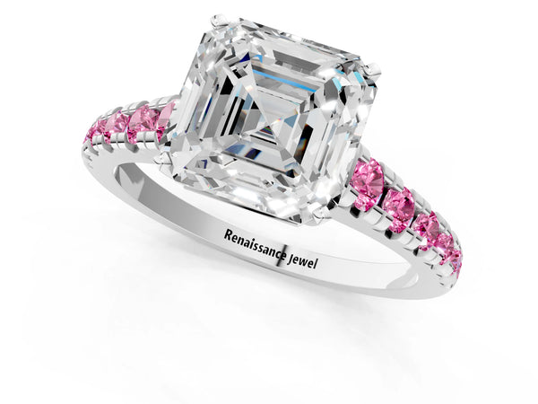 Sterling Silver Asscher Cut Cathedral Engagement Ring Setting with Lab-Grown Pink Sapphire Accents