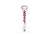 White gold Asscher Cut Diamond Cathedral Solitaire Ring with Round with Pink Sapphire side stone Pavé Band_14