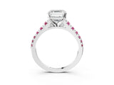 White gold Asscher Cut Diamond Cathedral Solitaire Ring with Round with Pink Sapphire side stone Pavé Band_15