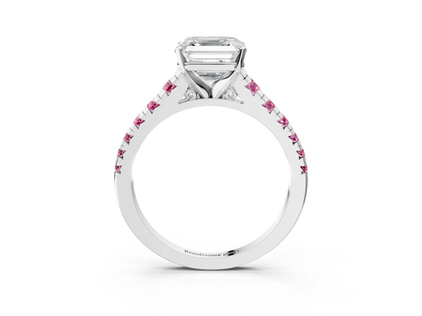Sterling Silver Asscher Cut Cathedral Engagement Ring Setting with Lab-Grown Pink Sapphire Accents