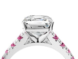 White gold Asscher Cut Diamond Cathedral Solitaire Ring with Round with Pink Sapphire side stone Pavé Band_16