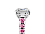 White gold Asscher Cut Diamond Cathedral Solitaire Ring with Round with Pink Sapphire side stone Pavé Band_17