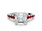 White gold Asscher Cut Diamond Cathedral Solitaire Ring with Round with Ruby side stone Pavé Band_24