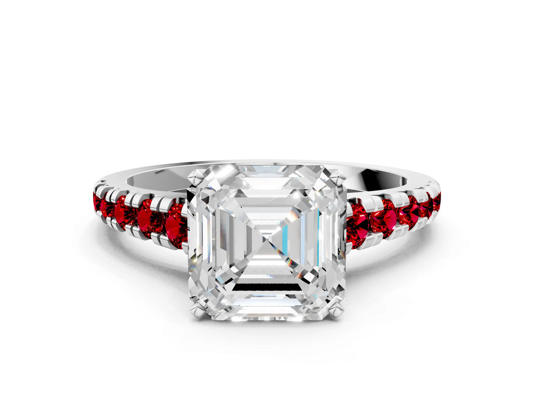 White gold Asscher Cut Diamond Cathedral Solitaire Ring with Round with Ruby side stone Pavé Band_24