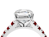White gold Asscher Cut Diamond Cathedral Solitaire Ring with Round with Ruby side stone Pavé Band_28