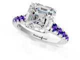 White gold Asscher Cut Diamond Cathedral Solitaire Ring with Round with Tanzanite side stone Pavé Band_1