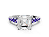 White gold Asscher Cut Diamond Cathedral Solitaire Ring with Round with Tanzanite side stone Pavé Band