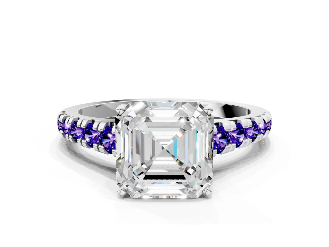 White gold Asscher Cut Diamond Cathedral Solitaire Ring with Round with Tanzanite side stone Pavé Band