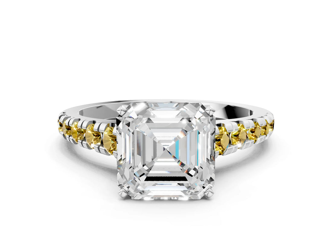 White gold Asscher Cut Diamond Cathedral Solitaire Ring with Round with Yellow Sapphire side stone Pavé Band_24