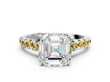 White gold Asscher Cut Diamond Cathedral Solitaire Ring with Round with Yellow Sapphire side stone Pavé Band_24