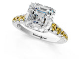 White gold Asscher Cut Diamond Cathedral Solitaire Ring with Round with Yellow Sapphire side stone Pavé Band_25