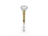 White gold Asscher Cut Diamond Cathedral Solitaire Ring with Round with Yellow Sapphire side stone Pavé Band_26
