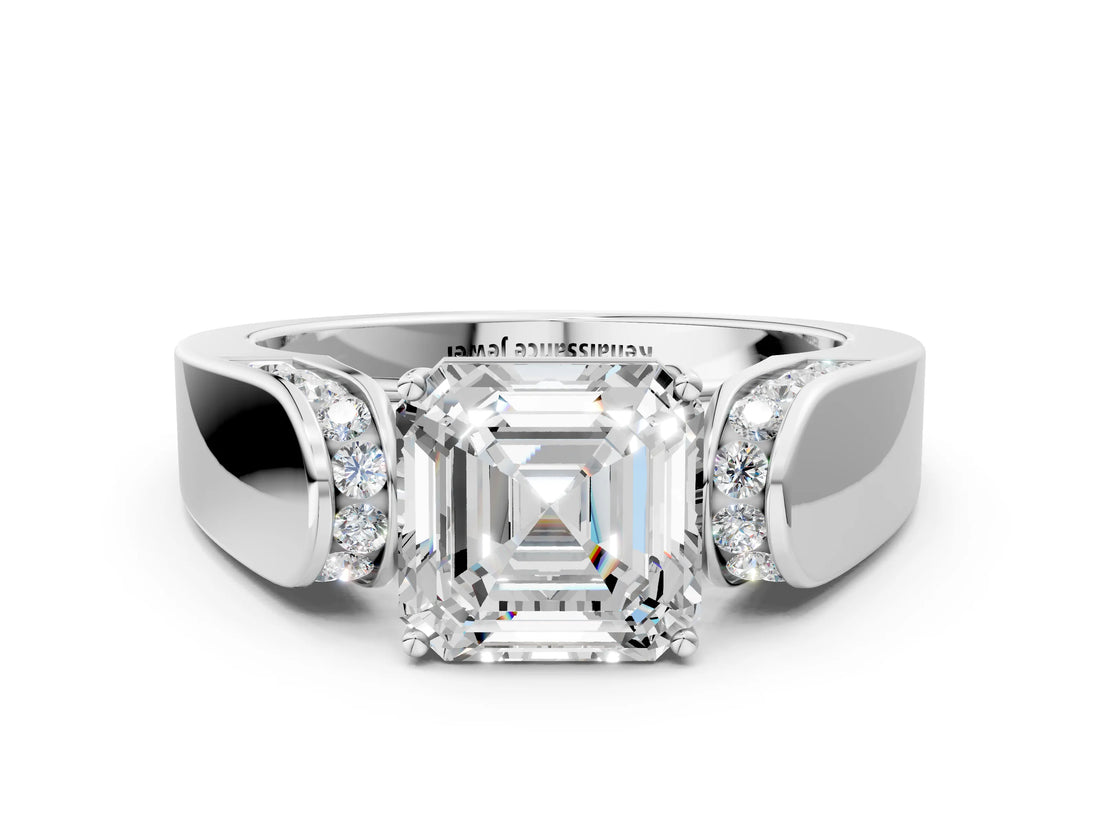 White gold Asscher Cut Diamond Channel Set Solitaire Ring with Four-Prong Setting_10
