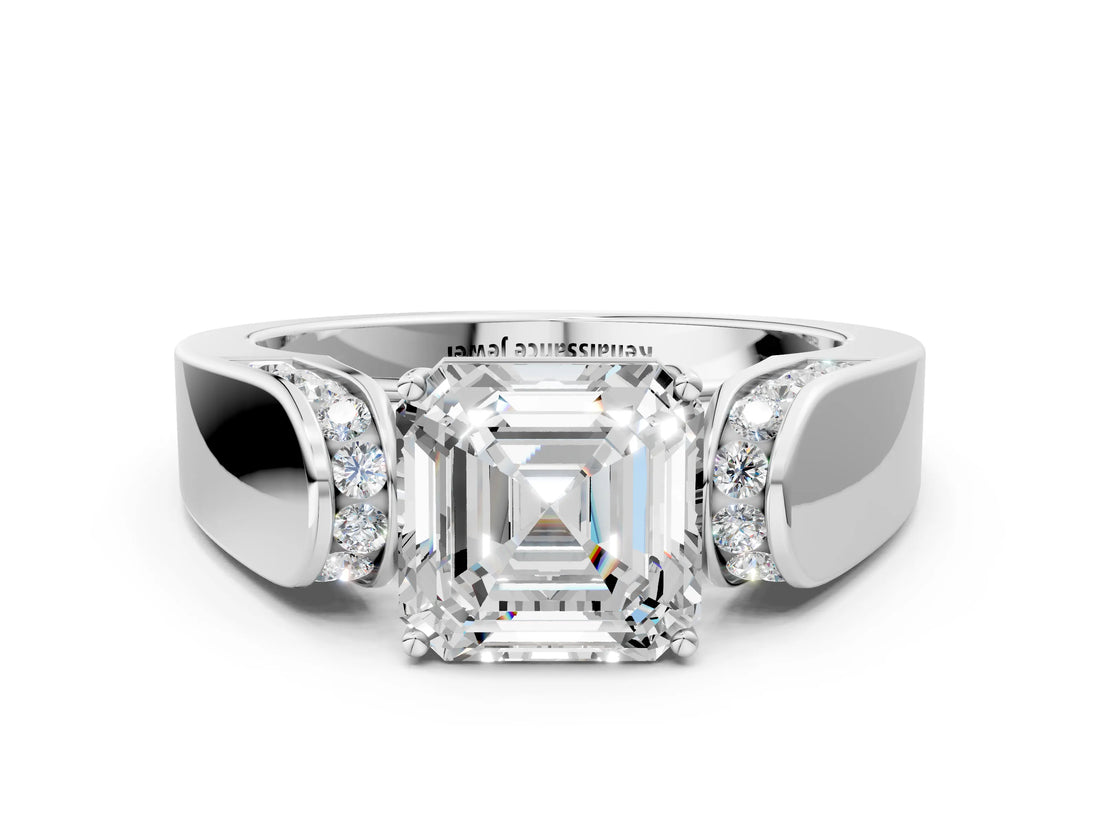 White gold Asscher Cut Diamond Channel Set Solitaire Ring with Four-Prong Setting_22