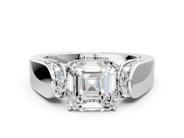 White Gold Asscher Cut Channel Set Engagement Ring Setting with Accented Shoulders on Wide Band