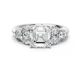White gold Asscher Cut Diamond Cluster Ring with Round Accent Stones and Prong Setting on a Classic Band_71