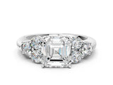 White gold Asscher Cut Diamond Cluster Ring with Round Accent Stones and Prong Setting on a Classic Band_72
