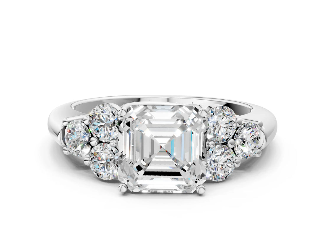 White gold Asscher Cut Diamond Cluster Ring with Round Accent Stones and Prong Setting on a Classic Band_77