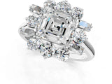 White gold Asscher Cut Diamond Cluster Ring with Round and Baguette Stones, Split Shank Band, Prong Setting_120