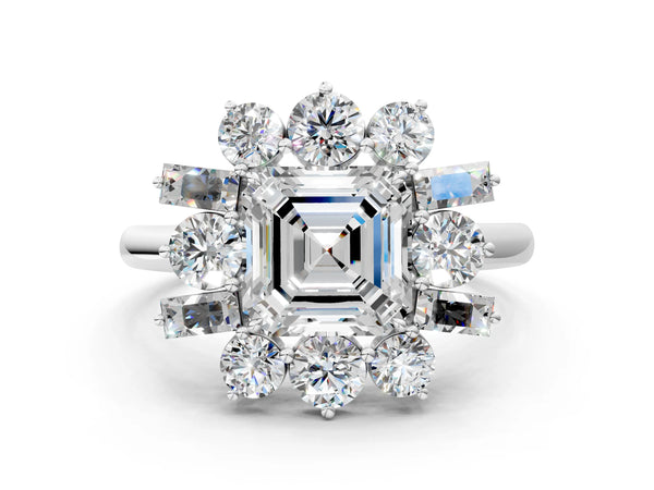 Platinum Oval Diamond Cluster Ring with Round and Baguette Stones, Split Shank Band, Prong Setting