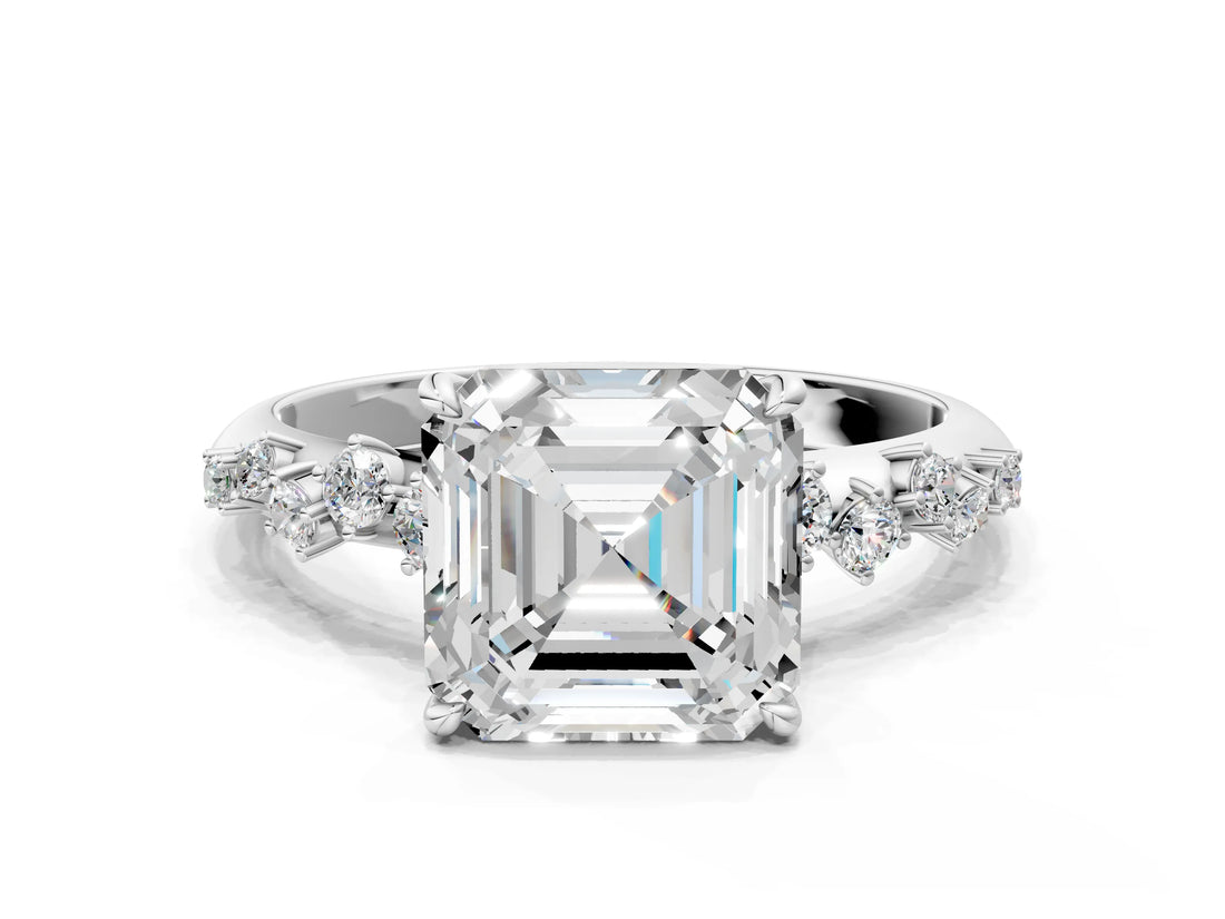 White gold Asscher Cut Diamond Cluster Side Stone Solitaire Ring with Prong Setting_86