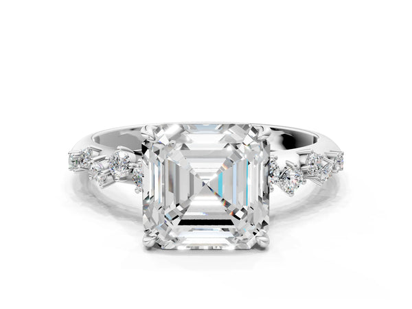 White gold Asscher Cut Diamond Cluster Side Stone Solitaire Ring with Prong Setting