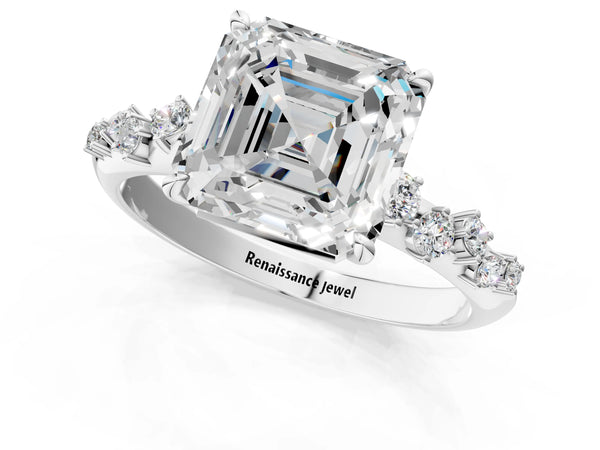 White gold Asscher Cut Diamond Cluster Side Stone Solitaire Ring with Prong Setting
