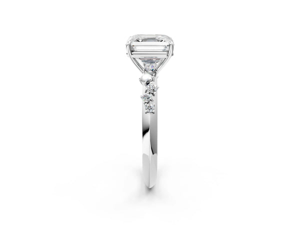 White gold Asscher Cut Diamond Cluster Side Stone Solitaire Ring with Prong Setting