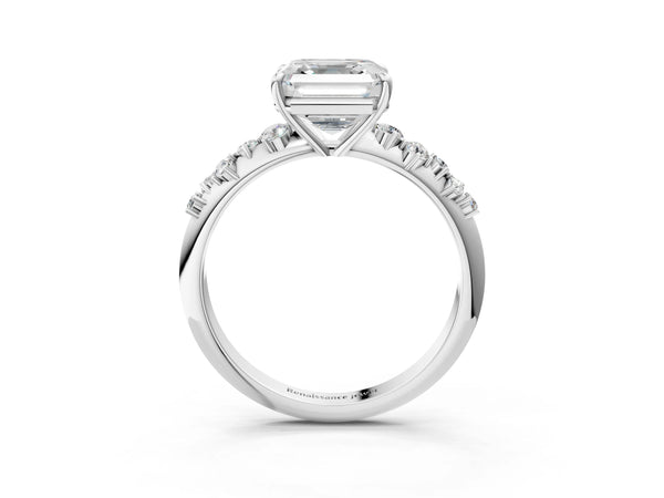 White gold Asscher Cut Diamond Cluster Side Stone Solitaire Ring with Prong Setting