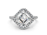 White gold Asscher Cut Diamond Cushion Halo Ring with Pavé Band_204