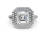 White gold Asscher Cut Diamond Double Halo Ring with Pavé Band and Prong Setting_45