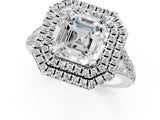 White gold Asscher Cut Diamond Double Halo Ring with Pavé Band and Prong Setting_46