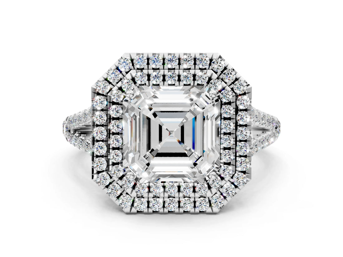 White gold Asscher Cut Diamond Double Halo Ring with Pavé Band and Prong Setting_47