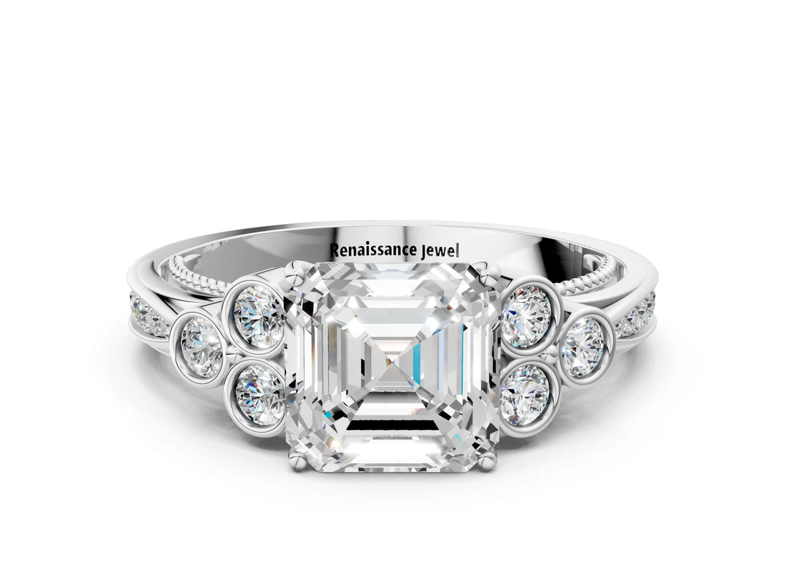 White gold Asscher Cut Diamond Engagement Ring with Bezel Set Round Side Stones and Prong Setting_53