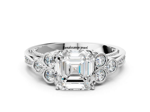 White Gold Asscher Cut Vintage Engagement Ring Setting with Bezel-Set Shoulder Clusters and Milgrain