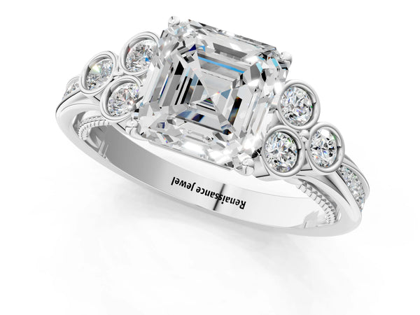 Sterling Silver Asscher Cut Engagement Ring Setting with Bezel-Set Shoulder Clusters