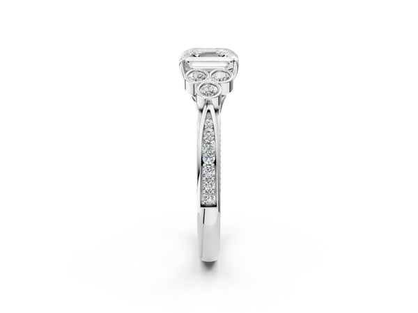 Platinum Asscher Cut Vintage Engagement Ring Setting with Bezel-Set Shoulder Clusters and Milgrain
