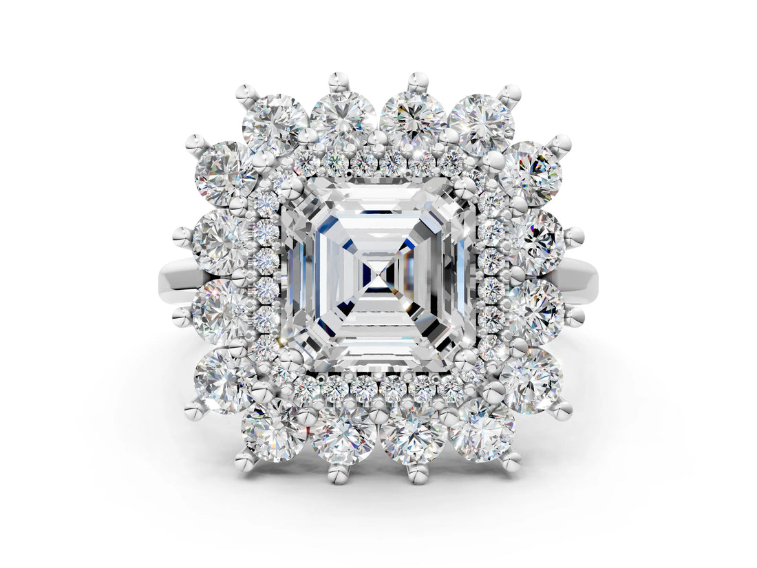 White gold Asscher Cut Diamond Floral Double Halo Engagement Ring with Prong Setting_7