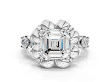 White gold Asscher Cut Diamond Floral Halo Engagement Ring with Shared Prong Setting