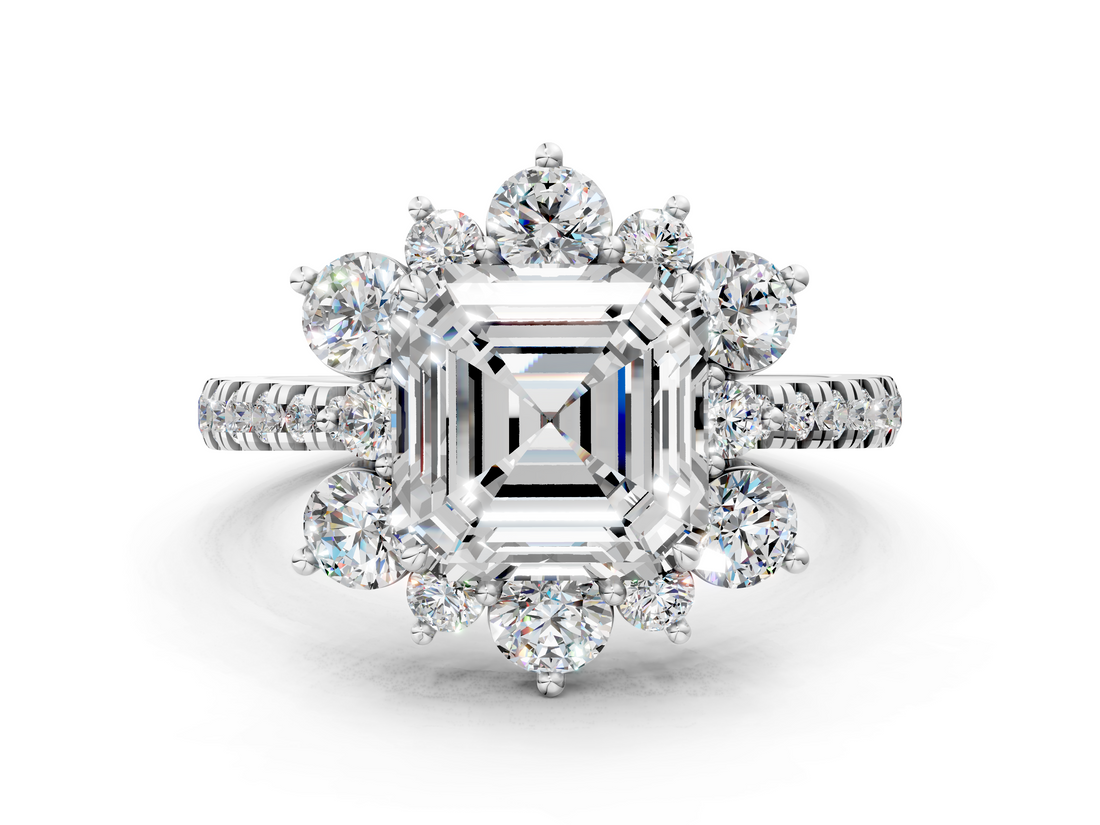 White gold Asscher Cut Diamond Floral Halo Pave Band with Prong Setting_23