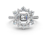 White gold Asscher Cut Diamond Floral Halo Pave Band with Prong Setting_23