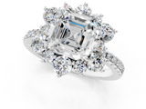 White gold Asscher Cut Diamond Floral Halo Pave Band with Prong Setting_25