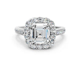 White gold Asscher Cut Diamond Floral Halo Ring with Pavé Band and Prong Setting_10