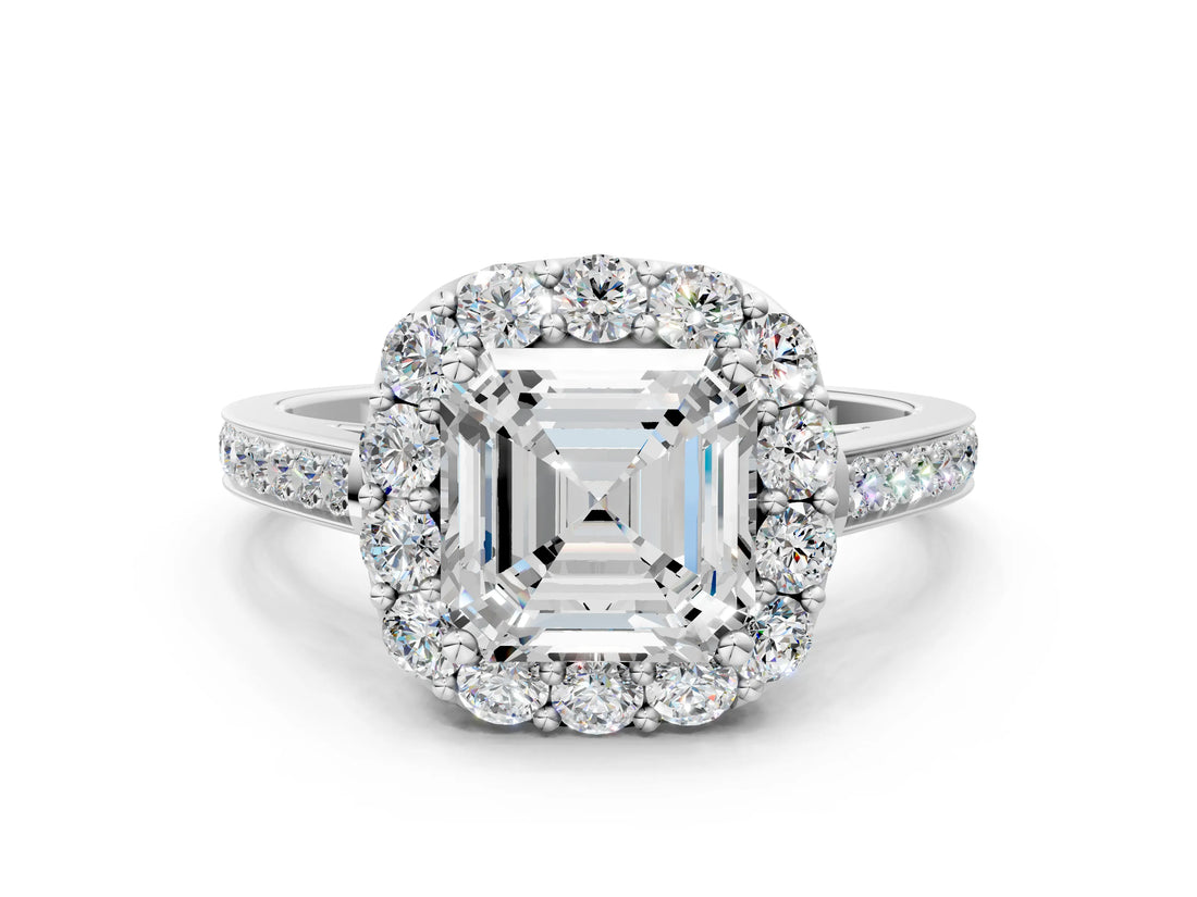 White gold Asscher Cut Diamond Floral Halo Ring with Pavé Band and Prong Setting_10