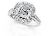 White gold Asscher Cut Diamond Floral Halo Ring with Pavé Band and Prong Setting_11
